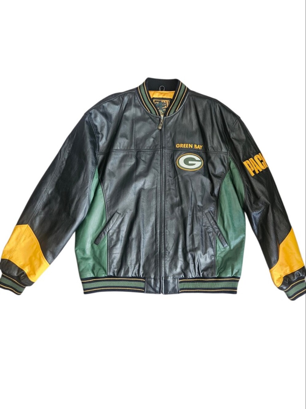 Vintage G-III Men's NFL Green Bay Packers Embroidered Leather Bomber Jacket 2XLT